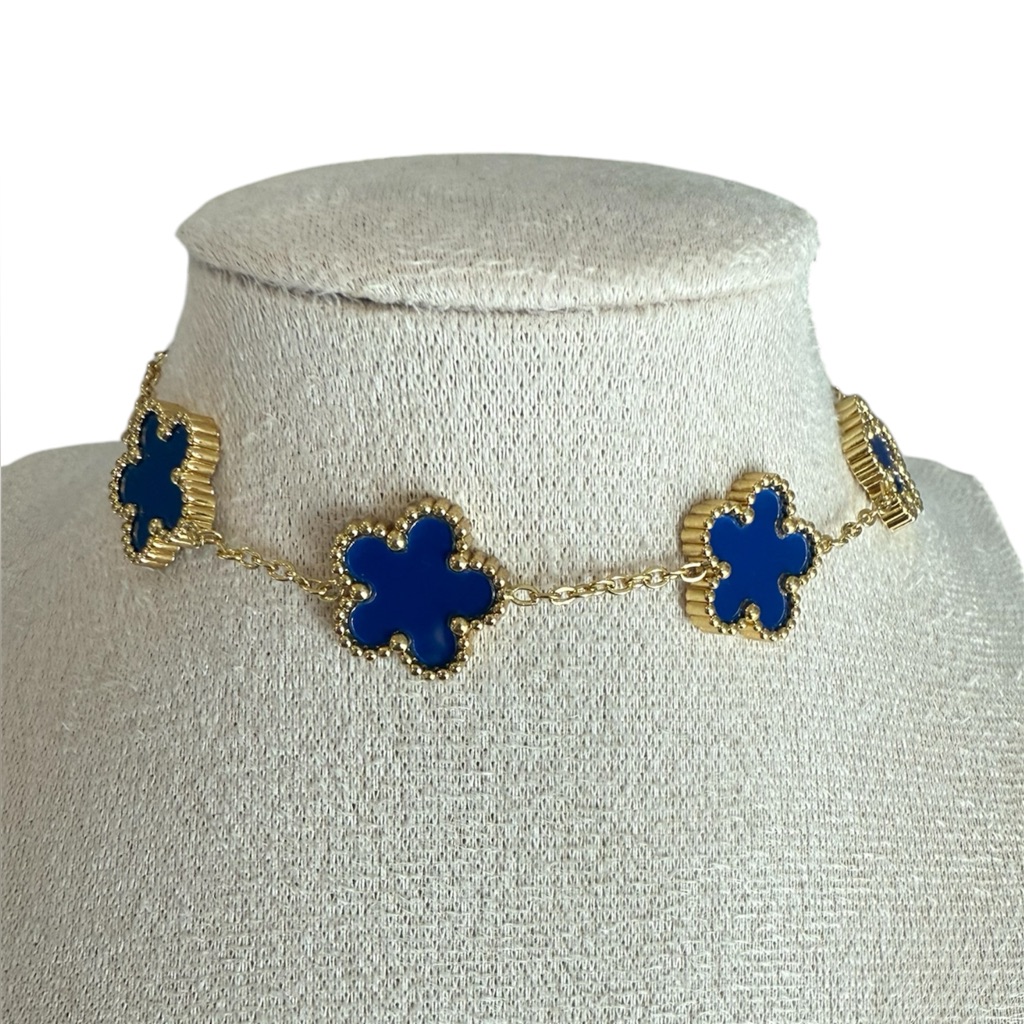 18k Gold Plated Stainless Steel Gold And Blue Clover Bracelet